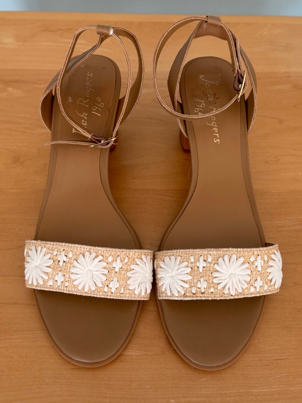 Jack Rogers Women US 9 Bettina Tan Raffia Wood Block Heel Ankle Strap Sandal